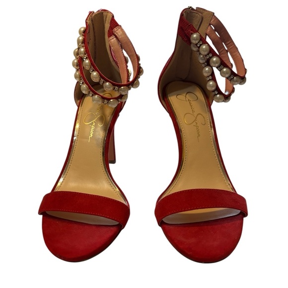 Jessica Simpson Red Pearl-Embellished Heels Women’s Size 7 - Picture 2 of 8